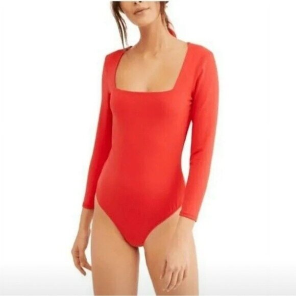 NWT Free People Truth or Square Duo Bodysuit L Flame Scarlett Stretch - Picture 1 of 8